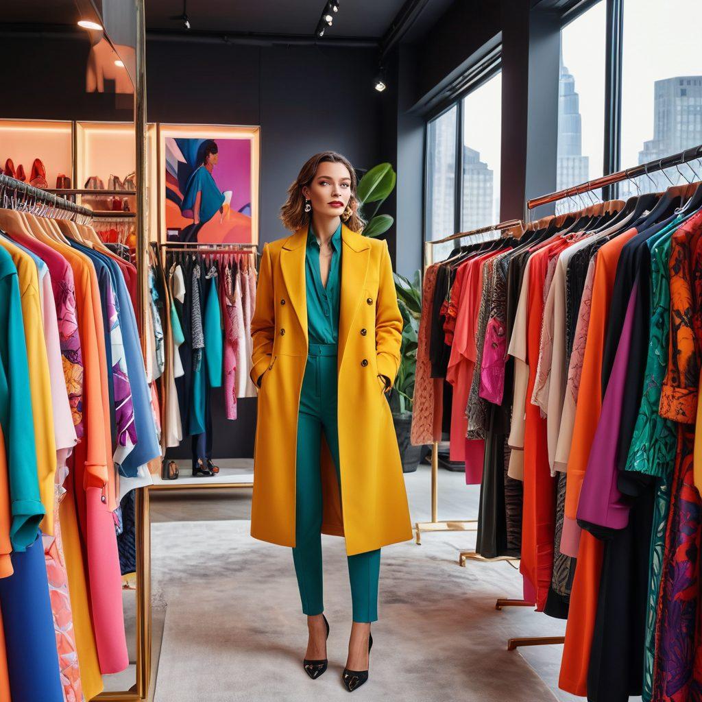 A stylish woman confidently showcasing her unique fashion sense, surrounded by vibrant clothing racks filled with trendy outfits and accessories. Incorporate a city skyline in the background reflecting a modern, urban lifestyle. Include elements like a full-length mirror and fashion magazines scattered around, conveying a sense of style discovery. Use bright, eye-catching colors to create an energetic atmosphere. super-realistic. vibrant colors.