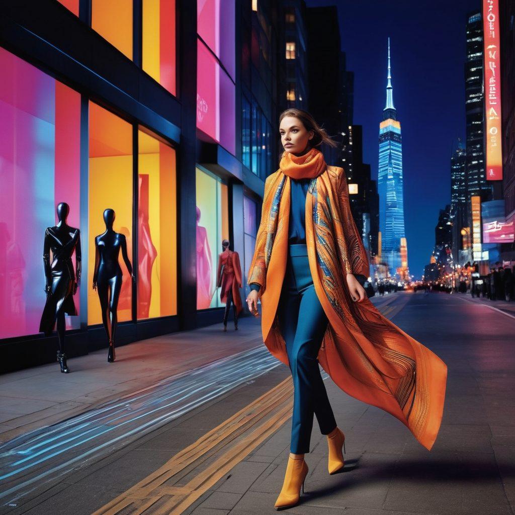 A stylish fashionista confidently walking down a sleek city street, surrounded by trend-setting mannequins dressed in the latest fashions. The scene includes vibrant city lights, a flowing scarf, and fashion magazines fluttering in the wind. A futuristic skyline looms in the background, symbolizing innovation and trends in fashion. The color palette is bold with dynamic patterns and textures, evoking a sense of excitement and forward-thinking. super-realistic. vibrant colors. 3D.